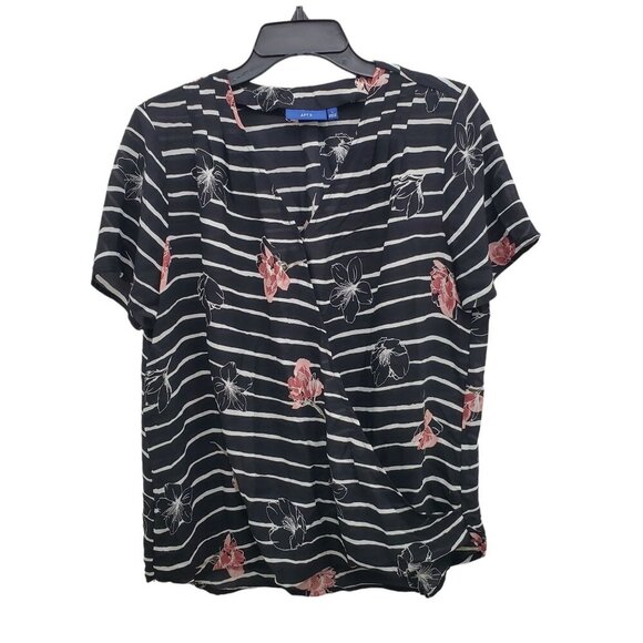 Apt. 9 Women's Black‎ White Stripe Floral Short Sleeve Pleated Wrap Top Size L - Picture 1 of 7